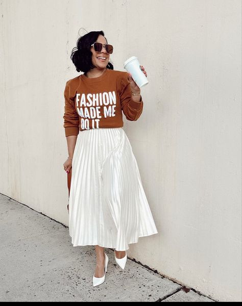 Dress And Chucks Outfit, Black And White Graphic Tee Outfit, Sweatshirt Classy Outfit, Sweater Pleated Skirt Outfit, Balloon Skirt Outfit Black Women, Modest Outfit Ideas Black Women, Sweater Dress Date Night Outfit, Sweater Dress Outfit Work, Christian Conference Outfit