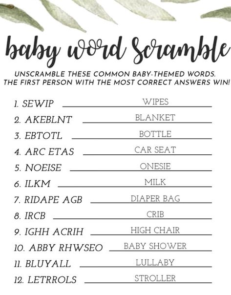 Baby Shower Word Scramble, Baby Shower Decor Ideas, Baby Shower Quiz, Classy Baby Shower, Funny Baby Shower Games, Boy Baby Shower Games, Baby Shower Party Games, Baby Word Scramble, Cute Baby Shower Ideas