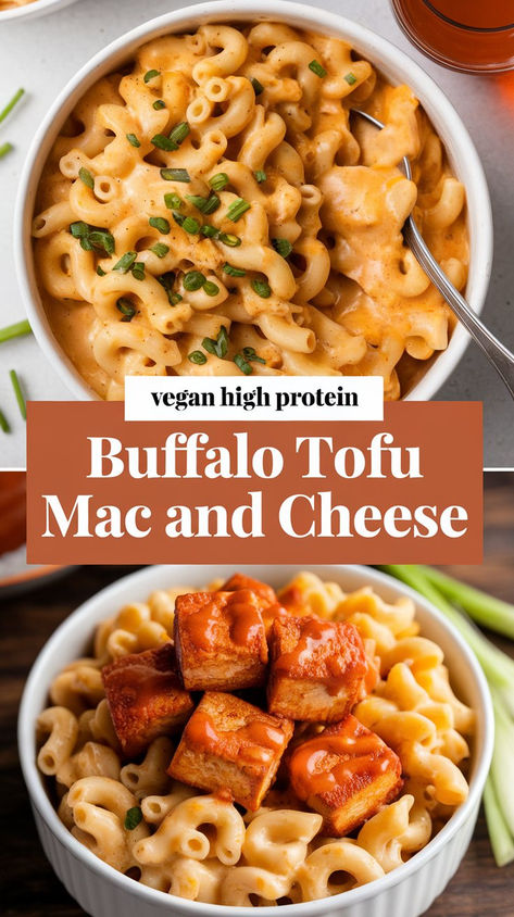 Indulge in this mouthwatering, high-protein vegan comfort meal! Creamy, spicy buffalo tofu paired with cheesy macaroni makes for a delicious plant-based feast that's full of flavor and nutrients. Perfect for meal prep or a cozy night in. #VeganProtein #BuffaloTofu #MacAndCheese Buffalo Chicken Tofu, Vegan Protein Mac And Cheese, Vegan Marry Me Tofu, High Protein Vegan Mac And Cheese, Protein Pasta Recipes Vegetarian, Tofu Pasta Recipes, Vegan High Protein Dinner, High Protein Meal Prep Vegetarian, High Protein Comfort Food