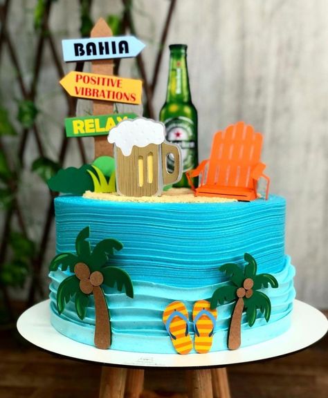 Hawaiian Theme Cake For Men, Tropical Cake For Men, Pool Birthday Cakes, Hawaiian Theme Cakes, Hawaiian Birthday Cakes, Hawaii Cake, Summer Birthday Cake, Pool Party Cakes, Pool Cake