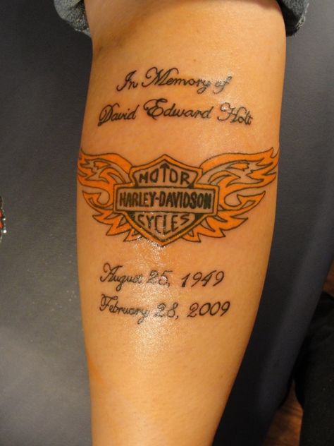 Harley Davidson Tattoos - 35 Groovy Examples | Design Press Motorcycle Tattoo Memorial, Harley Davidson Tattoos For Women, Tattoos For Dad Memorial, Memorial Tattoo Designs, Grandma Tattoos, Harley Tattoos, Harley Davidson Quotes, Harley Davidson Tattoos, Motorcycle Tattoos