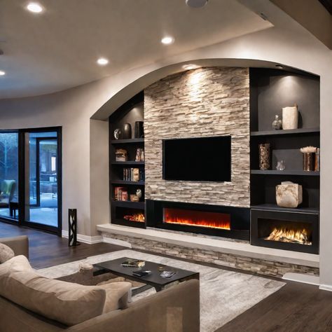 Built In Basement Entertainment Center, Floating Fireplace Ideas With Tv, Family Room Fireplace Wall, Rustic Built In Entertainment Center, Living Room Tv Wall Design Ideas, Basement Multiple Tv Wall Ideas, Large Tv Above Fireplace, Modern Media Wall With Fireplace And Tv, House Ideas Interior Living Room