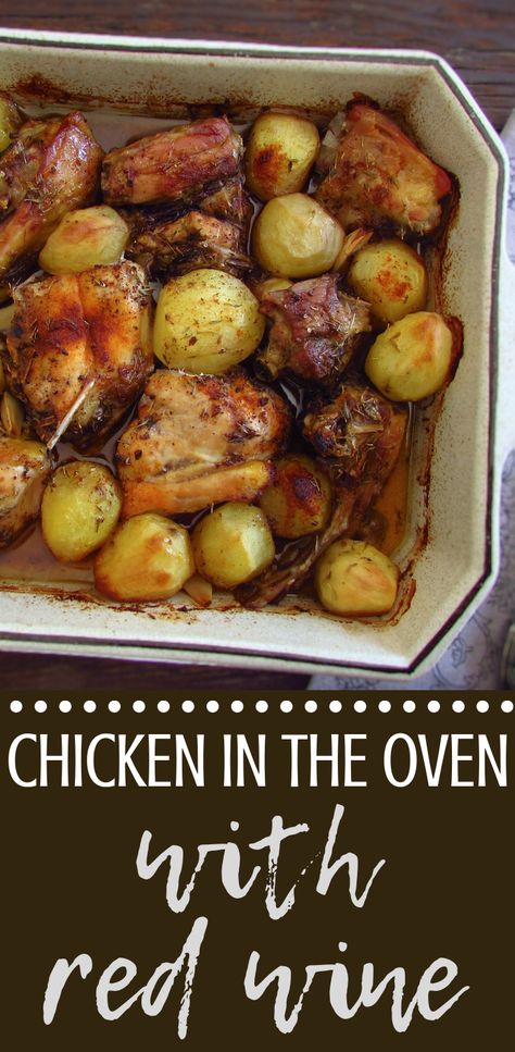 Chicken in the oven with red wine | Food From Portugal. Going to receive your family for dinner and want to prepare a simple meal in the oven? This chicken recipe in the oven with red wine is easy to prepare, quite tasty and has excellent presentation! Your family will love it, bon appetit!!! #recipe #chicken #oven #wine Red Wine Chicken, Chicken In The Oven, Red Wine Recipe, Meat Dinners, Red Wines, Oven Chicken, Wine Food, Oven Baked Chicken, Healthy Snacks Easy