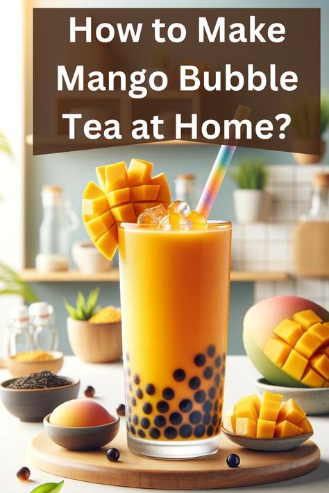 Discover the ultimate Mango Bubble Tea Recipe! Perfect for any DIY tea enthusiast, this guide shows you exactly How to Make Mango Bubble Tea right in your own kitchen. Enjoy the rich flavors of juicy mango blended with creamy milk and chewy boba pearls. Click to find out all the tips and tricks for making delicious Mango Bubble Tea at Home, including a step-by-step video tutorial and essential ingredients. #mangobubbletea #mangobubbletearecipe #howtomakemangobubbleteaathome Mango Bubble Tea, Homemade Tea Bags, Homemade Bubble Tea, Bubble Tea At Home, Boba Smoothie, Homemade Tea Recipes, Tea Homemade, Boba Recipe, Bubble Tea Flavors