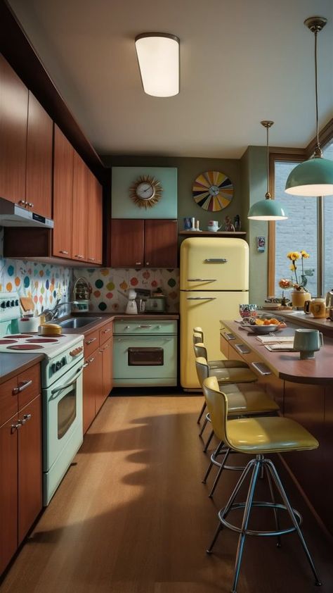 Home Decor Kitchen Vintage: 20 Charming Ideas Kitchen Ideas Retro, Retro Style Kitchen Ideas, Kitchen 80s, Vintage Home Kitchen, 60s Style Home Decor, Kitchen Interior Vintage, Retro Kitchen Design, 1970’s Kitchen, 1960s House Decor