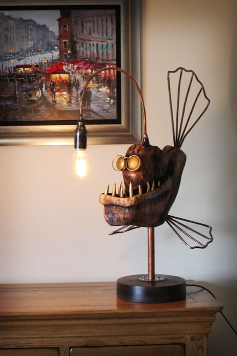 Light In Room Ideas Bedrooms, Cool Lamp Ideas, Anglerfish Craft, Fish Interior Design, Angler Fish Light, Fish Furniture, Fish Lights, Lamp Sculpture, Sculpture Lamp