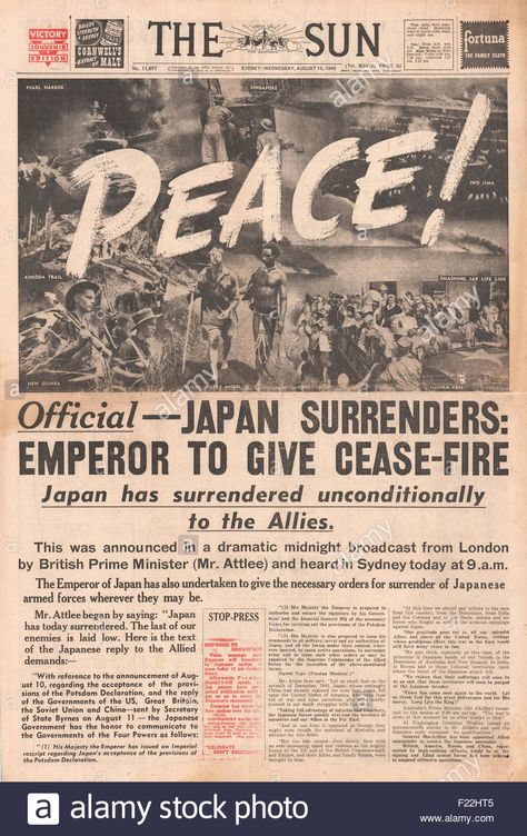 1945 The Sun (Sydney) front page reporting the end of World War Two and VJ Day - Stock Image London Blitz, We Happy Few, End Of World, British Prime Ministers, Historical Newspaper, Old Newspaper, Historical Pictures, Front Page, Newspaper