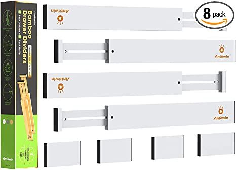 ANTOWIN Bamboo Drawer Dividers Organizers, Expandable Drawer Separators Splitter,17-22 inches Long Adjustable Spring-loaded Organizer for Large Utensil, Clothes, Tools Drawers (White) Drawer Separators, Utensil Drawer Organization, Tool Drawers, Clothes Drawer, Sock Organization, Utensil Drawer, Drawer Divider, Kitchen Drawer Organization, Drawer Dividers