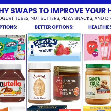 Hunter Stoler on Instagram: "Healthy Swaps To Improve Your Health

I’ve shared these graphics over the past few months but thought it would be more convenient for you if I posted them all together!

⭐️ Which healthy swaps have you made?
⭐️ Which swaps do you want me to share next?

#health #wellness #nutrition #nontoxic #cleaneating #healthyswaps #simpleswaps" Healthy Brands, Wellness Nutrition, Food Swaps, Pizza Snacks, Healthy Swaps, Hazelnut Butter, Food Swap, Butter Spread, Nut Butters