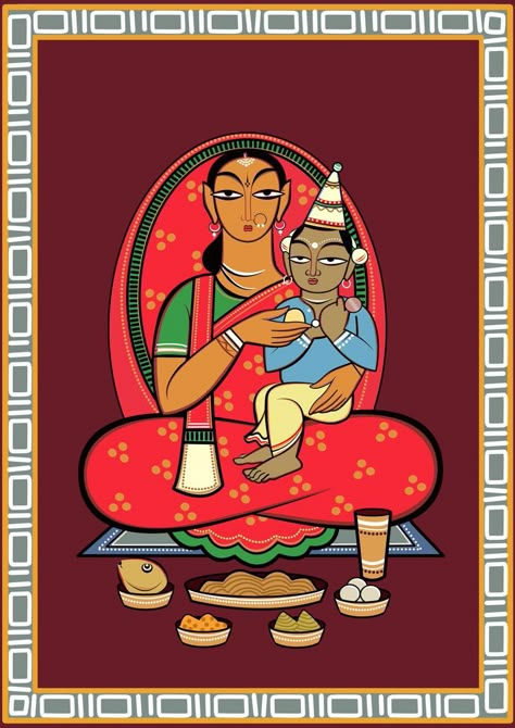 JAMINI ROY STYLE (DIGITAL ILLUSTRATION) Kalighat Paintings Jamini Roy, Jamini Roy Art, Jamini Roy Paintings Folk Art, Bengali Paintings, Jamini Roy Paintings, Rice Ceremony, Mirror Canvas Art, Buddhist Architecture, Jamini Roy