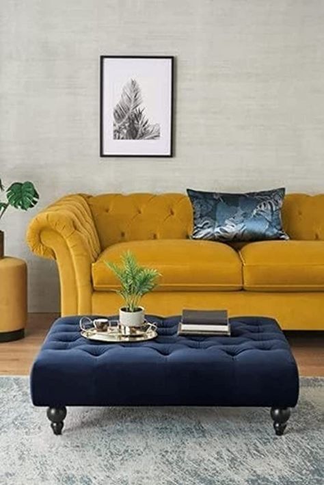 Blue And Mustard Living Room, Mustard Living Rooms, Large Footstools, Snug Room, Velvet Footstool, Ottoman Footstool, Compact Living, Ottoman Bed, Plush Fabric