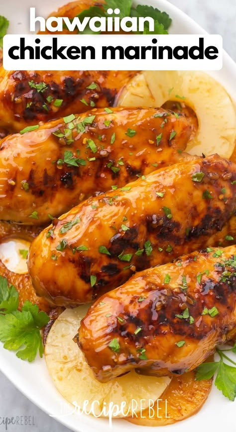 This Hawaiian Chicken recipe is perfect for dinner on a busy weeknight for the whole family! Ready in just 30 minutes, with instructions on how to cook it on the grill or in the oven, you'll want to save this delicious chicken recipe for later! #recipe #chicken | chicken marinade | chicken recipes | dinner ideas | dinner recipes | grilling recipes | grilled chicken Hawaiian Chicken Marinade For The Grill, Hawaiian Chicken Marinade, The Recipe Critic, Marinated Grilled Chicken Recipes, Chicken On The Grill Recipes, Marinade For Chicken, Hawaiian Chicken Crockpot, Hawaiian Chicken Recipes, Grilled Chicken Recipes Easy