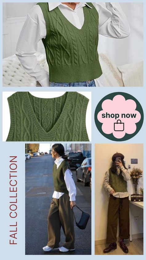 Discover a spectrum of green outfits, from emerald to sage, and learn how to incorporate this vibrant color into your wardrobe. Get tips on styling and sustainable fashion choices Green Vest Outfit, Green Sweater Vest, Green Outfits, Cable Knit Vest, Loose Fit Sweater, Green Vest, Sweater Vest Women, Stylish Outfit, Green Outfit