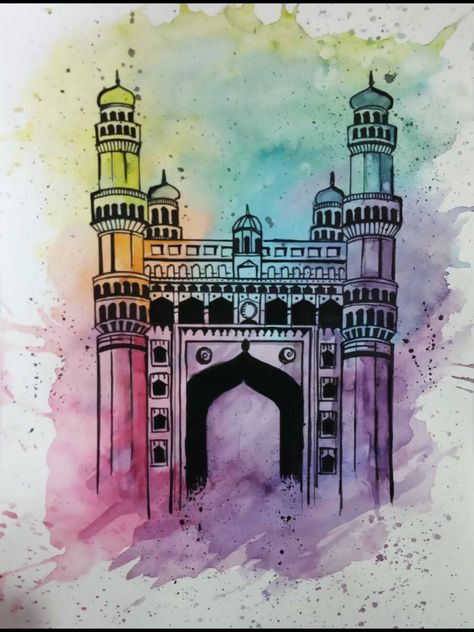 Historical Monuments Painting, Historical Monuments Drawing, Charminar Drawing, Gateway Of India, Historical Drawings, Independence Day Drawing, India Painting, Boho Art Drawings, Easy Love Drawings