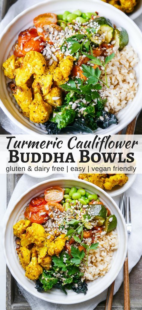 Roasted Turmeric Cauliflower Buddha Bowls make such a colourful, healthy meal! This vegan and gluten free recipe is easy to make and flexible. By Nourish Everyday Turmeric Cauliflower, Buddha Bowls Recipe, Power Bowls, Buddha Bowls, Vegan Bowls, Gluten Free Recipe, Vegan And Gluten Free, Bowl Recipes, Buddha Bowl