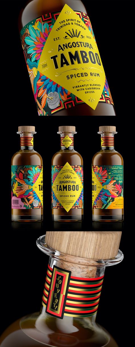 Símil Design - Angostura Tamboo Spiced Rum Packaging Design – Tamboo concept was approached with the idea to give the brand a bold and vibrant attitude. With the ambition to capture the lively and colourful carnival spirit in a bottle; a true spirit of Trinidad & Tobago where Angostura spent centuries perfecting their rum-making techniques. – #labeldesign #packagingdesign #graphicdesign #branding #branddesign #worldbranddesign Alcohol Bottle Packaging, Bold Label Design, Packaging Design Alcohol, Vibrant Packaging Design, Cocktail Label Design, Rum Packaging Design, Rum Label Design, African Packaging Design, Alcohol Branding Design