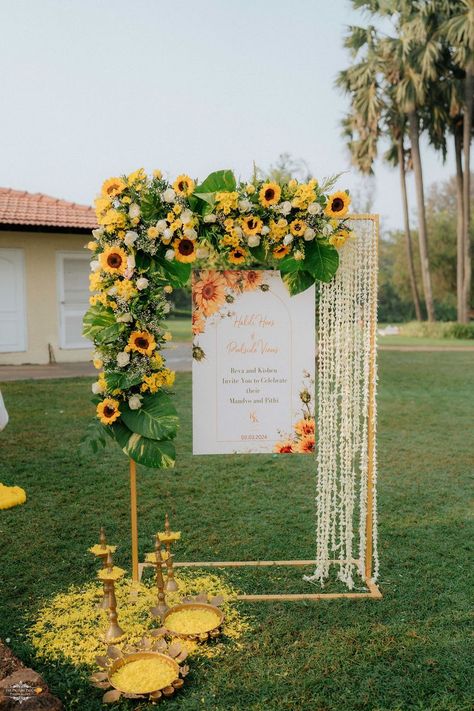 Entrance Decor For Wedding, Engagement Venue Decorations, Haldi Mehendi Decoration, Haldi Entrance Decor, Indian Wedding Entrance Decor, Wedding Seating Decor, Pichwai Decor, Mayoun Decor, Entrance Decor Wedding