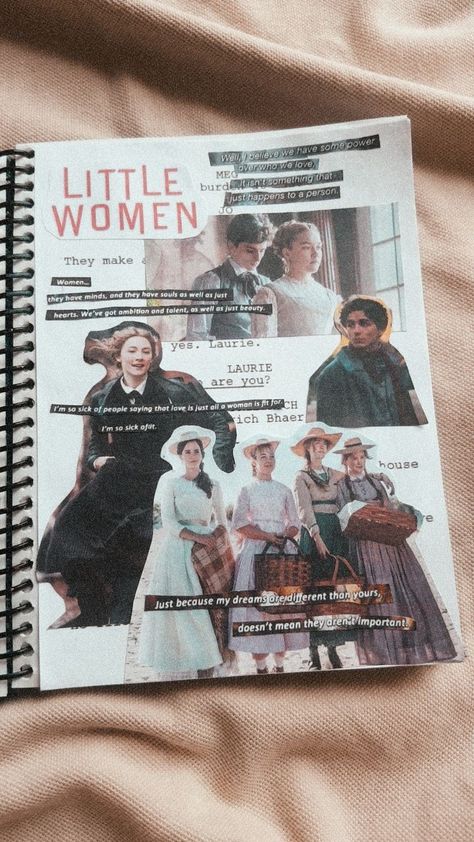 Collage Little Women Film Journal quotes Celebrity Journal Ideas, Little Women Journal Page, Film Journal Aesthetic, Film Journal Ideas, Series Journal, Women Collage, Movie Collage, Movie Journal, Little Woman