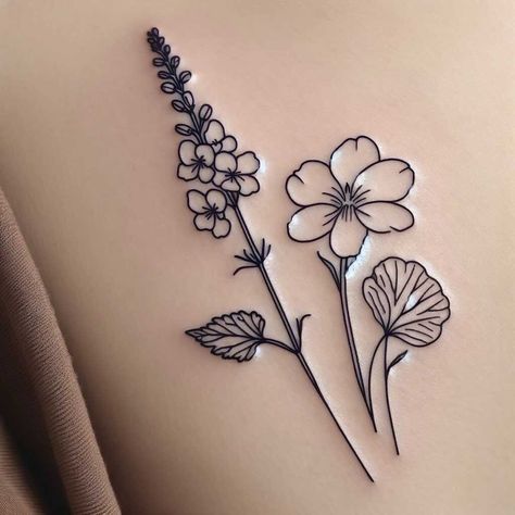 Larkspur And Violet Flower Tattoo, Rose And Larkspur Tattoo, Larkspur Flower Tattoo, Larkspur Flower Tattoos, Violet Flower Tattoos, Larkspur Tattoo, Violet Tattoo, Larkspur Flower, February Birth Flowers