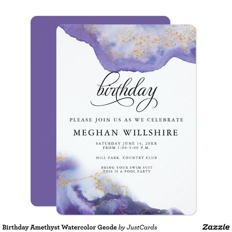 #invitationcards #amethyst  #Watercolor #Geode #Invitation #birthday #zazzle Watercolor Geode, Purple Geode, Birthday Purple, Modern Birthday, Minimalist Watercolor, Watercolor Birthday, Golden Birthday, February Birthday, Pool Birthday Party