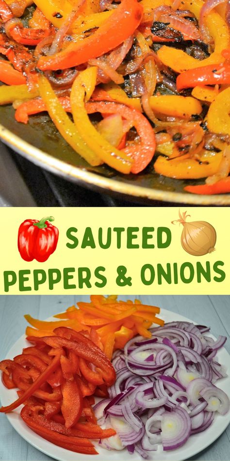 If you are looking for an easy way to add flavor to your favorite meals you will love these deliciously caramelized sauteed peppers and onions. This crowd-pleasing side dish or recipe enhancer is made with onions, peppers, oil and a handful of seasonings. The verstile veggies can be added to tacos, sausages, omelets, fajitas, sandwiches or served with your favorite grilled meats, chicken or fish. Click to get the onions and peppers recipe. #peppersandonions #sauteedonions #sauteedpeppers Fried Peppers Recipes, Pepper And Onion Recipes, Recipes With Sweet Peppers, Roasted Red Peppers Recipes, Cooking Peppers, Grilled Peppers And Onions, Fried Peppers, Sauteed Peppers And Onions, Sauteed Peppers