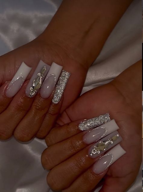 All White Nails With Design, Theme Acrylic Nails, White Nail Inspo Acrylic, All White Nails, White Nails With Design, White Nail Inspo, Nail Inspo Acrylic, Nails With Design, White Acrylic Nails