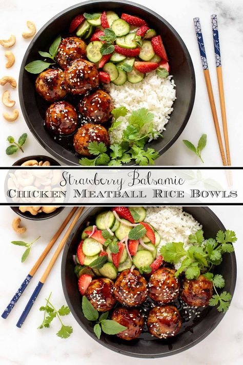 Chicken Meatball Rice Bowls Pollo Bowl, Meatball Rice, Rice Toppings, Bowl Dinners, Asian Chicken Meatballs, February Recipes, Strawberry Cucumber, Chicken Entree, Ms Diet