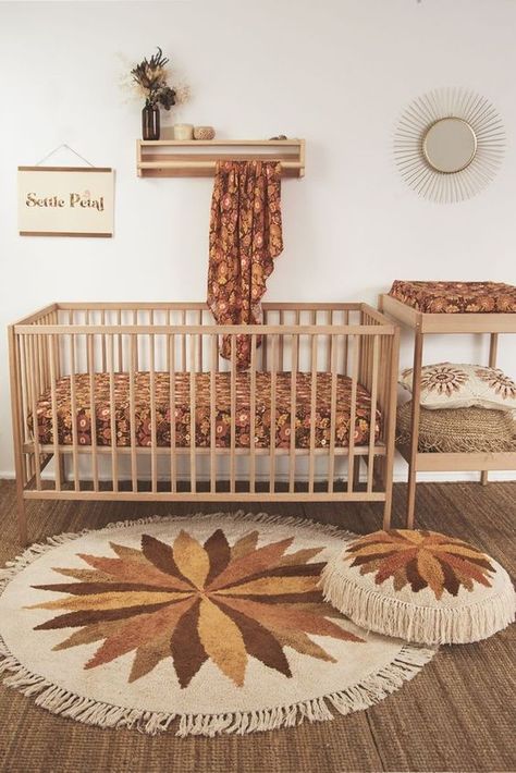 Decorating Tips for Retro Baby Rooms Retro Style Nursery, Boho Rust Nursery, 70s Boho Nursery, Simple Boho Master Bed, Retro Nursery Vintage, Rental Nursery Decorating, Retro Boho Nursery, Rust Colored Nursery, 70s Style Nursery