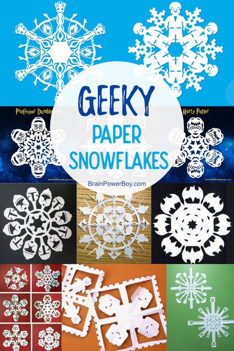 Not to be missed Geeky Paper Snowflakes. Includes LEGO, Minecraft, Zelda, Super Mario Bros, Harry Potter, Star Wars, Guardians of the Galaxy, Dr. Who and more! Snowflake Patterns To Cut Out, Starwars Snowflake Patterns, Harry Potter Snowflake Template, Snowflake Gift Ideas, Snowflake Paper Diy, Minecraft Zelda, Snow Flake Pattern, Diy Geek, Paper Snowflake Template