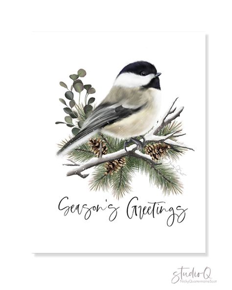 There is nothing prettier than a little Chickadee bird to brighten your walls at the holidays. Perched on a branch in this composition, this charming bird in a winter evergreen scene is a seasonal favorite for any bird lover. From my original artwork, frame and mat are not included. Size: Available in a variety of sizes to best suit your space. Please contact me if you need a custom size. Paper: Printed on high quality, acid free paper fine art paper. Layout: PORTRAIT. Landscape is available upo Christmas Card Art Artwork, Pen And Ink Christmas Cards, Christmas Chickadee, Chickadee Drawing, Painting Cards, Chickadee Art, Mocking Bird, Bird Painting Acrylic, Bird Paintings On Canvas