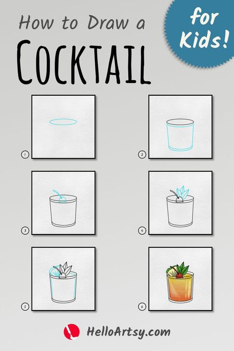 6 drawings demonstrating how to draw a how to draw a cocktail for kids. How To Draw Cocktails Step By Step, Easy Drink Drawing, How To Draw Drinks, Cocktail Drawing Simple, Cocktail Drawing, Cocktails Drawing, Draw Food, Full Drawing, Easy Cartoon