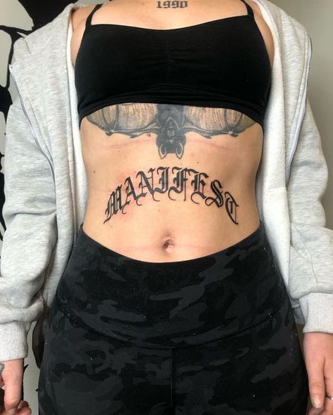 Stomach Words Tattoo, Belly Rocker Tattoo, Old English Stomach Tattoo, Stomach Lettering Tattoos Men, Stomach Script Tattoo, Last Name Tattoos, Nc Tattoo, Old English Tattoo, Gang Tattoos