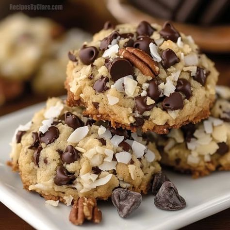 Chocolate Pecan Coconut Cookies, Coconut Chewies, Coconut Cookies Easy, Pecan Coconut Cookies, Coconut Cookie Recipe, Chocolate Chip Coconut Cookies, Cheesy Garlic Chicken, Cotton Candy Cookies, Chocolate Coconut Cookies