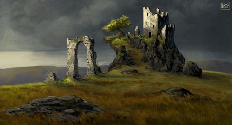 Old Ruins Concept Art, Old Owl Well, Castle Wall Painting, Concept Art Medieval, Fantasy Structures, Battlefield Art, Medieval Places, Fantasy Ruins, Castle Concept