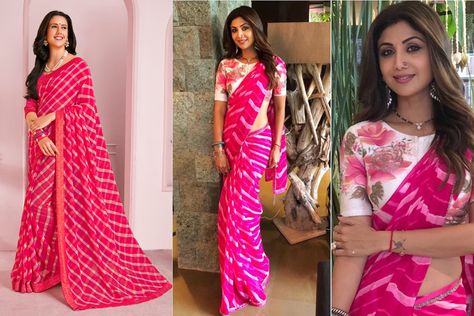 Pink Leheriya Saree, Polka Dot Saree, Leheriya Saree, Bride Sarees, Blouse Inspiration, Saree Looks, Best Blouse Designs, Desi Love, Shilpa Shetty