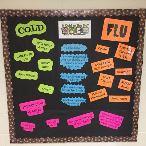 I made this for my health room bulletin board! Cold VS Flu Medical Office Bulletin Board Ideas, Nursing Bulletin Board Ideas Hospital, Parish Nurse, Room Bulletin Board, Nurse Clinic, School Clinic, Nurse Bulletin Board, School Nurse Office Decorations, Health Bulletin Boards