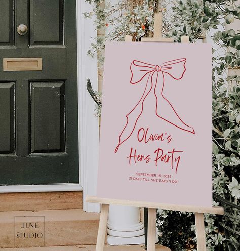 Bow Hens Party Welcome Sign Template Hand-drawn Illustration Bachelorette Party Signage Pink Red Hen Do Poster Printable Bow Coquette Artsy Hens Party Signage, Hens Party Welcome Sign, Pink Hens Theme, Hen Party Sign, Hens Backdrop, Hens Party Sign, Hens Welcome Sign, Pink Hen Do, Bachelorette Welcome Sign