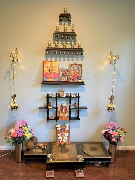 Hindu Mandir Home Puja Room, Mandir Wall Painting Ideas, Diy Temple For Home, Diy Pooja Mandir, Pooja Setup, Spiritual Corner, Mandir Ideas, Mandir Designs, Puja Ghar