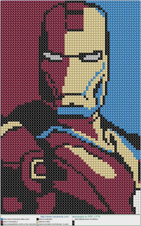 Iron Man Cross Stitch Pattern, Iron Man Cross Stitch, Marvel Cross Stitch Patterns, Cross Stitch Patterns Disney, Marvel Cross Stitch, Pixel Art Grid, Minecraft Pixel Art, Disney Cross Stitch, Pola Sulam