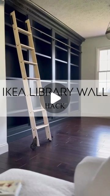 DIY Hacks HQ - home of IKEA hacks and more! on Instagram: "BILLY BOOKCASE • We are totally in love with the dark moody aesthetic of this Billy bookcase hack here at DIY Hacks HQ! @perkinsonparkway and @peonyandhoney teamed up in this one to create a truly stunning result. This video is definitely one to watch. They even have a DIY toothpaste hack! Mind blown 🤯 Head over to @peonyandhoney 's YT to see the step by step tutorial. Amazing work ladies 👏   #ikeahack #ikeahacks #library #reno #diy #diyprojects #diyer #billybookcase #library #diyhack #livingroomdecor #livingroomdesign" Bookshelves With Window In Middle, Ikea Bookcase Hack Bedroom, Do It Yourself Bookshelves, Billy Bookcase Hack Library, Diy Built In Bookcase With Ladder, Ikea Hacks Bookcase, Home Library Ikea Billy, Library Style Bookshelves, Office Library Wall