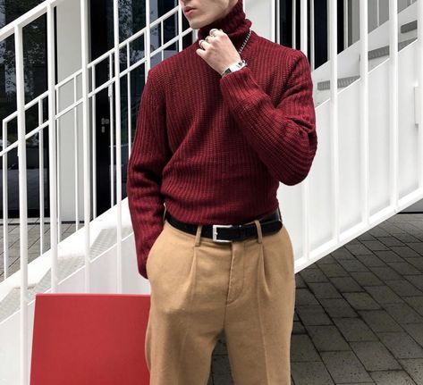 Dark Red And Brown Outfit, Red Dark Academia Outfits Men, Red Turtle Neck Outfit Men, Red And Cream Outfit Men, Christmas Outfit Men Party, Men's Holiday Outfits Christmas Formal, Red And Brown Outfit Men, Gryffindor Inspired Outfits Men, Christmas Boy Aesthetic