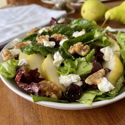 Pear Balsamic Salad with Goat Cheese and Honey Glazed Walnuts - The Hungary Soul Goat Cheese Fall Salad, Pear Walnut Goat Cheese Salad, Pear And Goat Cheese Salad, Pear Goat Cheese Salad, Honey Glazed Walnuts, Candied Walnuts For Salad, Goat Cheese And Honey, Goat Cheese Honey, Festive Salad