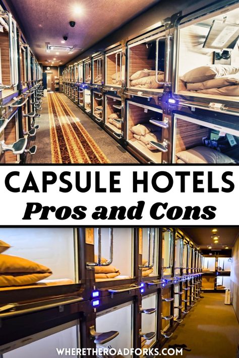 This guide outlines the pros and cons of staying in a capsule hotel. Capsule hotels are becoming increasingly common across East Asia. Particularly in Japan. They are also common in South Korea, Singapore, and Hong Kong. In a capsule hotel, you sleep in a small pod with just a mattress inside. There are shared bathrooms and common spaces. Capsule hotels are cheaper than regular hotels and they are surprisingly comfortable. There are some drawbacks. They don’t offer the same level of privacy. This guide covers comfort, convenience, amenities, cost, privacy, cleanliness, and more to help you decide whether or not capsule hotels are for you. capsule hotel japan | capsule hotel design | capsule hotel room | capsule hotel tokyo | capsule hotel interior | capsule hotel layout Capsule Hotel Design, Capsule Hotel Japan, Hotel Layout, Pod Hotel, Pod Hotels, Hotel Floor Plan, Sleeping Pods, Capsule Hotel, Hotel Floor