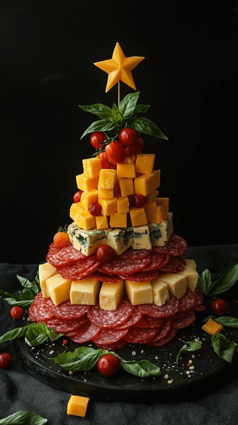 Realistic photo of a Christmas tree-shaped charcuterie board layered with fresh basil as a base, alternating layers of sharp cheddar cheese cubes and slices of salami, stacked to resemble a Christmas tree. The board has a star at the top made of cherry tomatoes, with small cheese stars throughout the "tree." Charcuterie Christmas Trees, Meat And Cheese Christmas Tray Ideas, Charcuterie Tree Christmas, Christmas Tree Charcuterie Tower, Christmas Tree Charcuterie Board Ideas, Christmas Meat And Cheese Tray, Chartreuse Board, Charcuterie Christmas Tree, Creative Christmas Appetizers