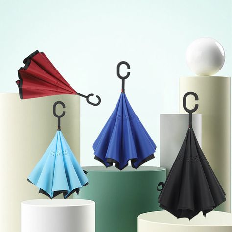 Inverted Reverse Upside Down Umbrella or Reverse Straight Umbrella for Car #Umbrella Upside Down Umbrella, Car Umbrella, Folding Umbrella, Cloth Material, Different Light, Having A Baby, Simple Image, Long Handles, Upside Down