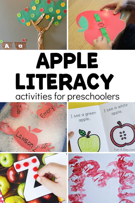 So many apple literacy activities for preschoolers and kindergarten kids to try during your next apple theme! Let kids practice the alphabet, rhyming, names, high frequency words, and more with an apple twist. Click on the Fun-A-Day.com link to learn more. Apple Theme Literacy Preschool, Apple Theme Fine Motor Activities, Apple Reading Activities, Apple Day Kindergarten, Apple Literacy Activities, Apple Activities Kindergarten, Apples Activities, Literacy Activities For Preschoolers, Apple Literacy