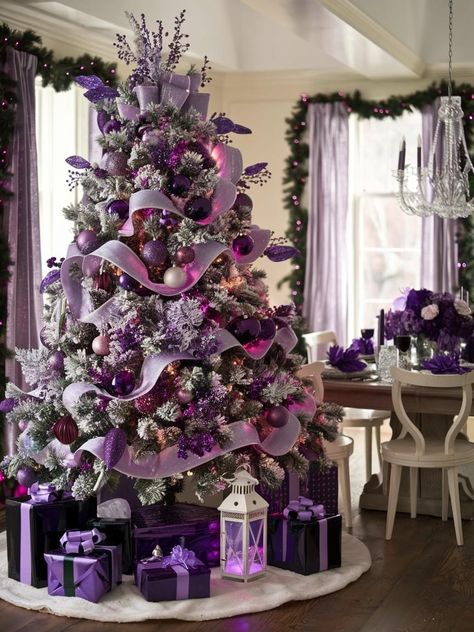 Purple And Green Christmas Tree, Purple Christmas Tree Ideas, Purple Christmas Decor, Purple Christmas Tree Decorations, Purple Christmas Tree, Tree Decorations Diy, Christmas Trees Decorations, Pretty Christmas Trees, Tree Inspiration