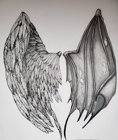 Angel Wing Demon Wing Tattoo, Black Angel Wings Drawing, Angel And Demon Wings Tattoo On Back, Demon Angel Wings Tattoo, Demon And Angel Wings Tattoo, Angel Wings Sketch Pencil, Tattered Wings Tattoo, Devils Wings Tattoo, Demonic Wings Tattoo