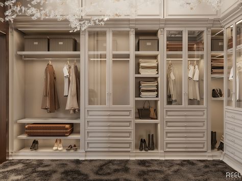 Master Bedroom Design on Behance Walk In Closet Parisian, French Country Walk In Closet, Classic Walk In Closet Design, Modern Classic Wardrobe Design, Classic Closet Design, Classic Dressing Room, Walk In Wardrobe Ideas Master Bedrooms, Modern Classic Wardrobe, Classic Cupboard