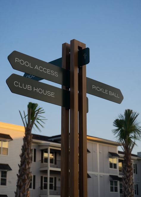 Custom Wayfinding Signage we fabricated for The Lorrel in Myrtle Beach, SC. Modern Signage Design Outdoor, Exterior Wayfinding Signage, Beach Signage, Architecture Signage, Resort Signage, Street Signage, Fun Signage, Environmental Branding, Hotel Signage